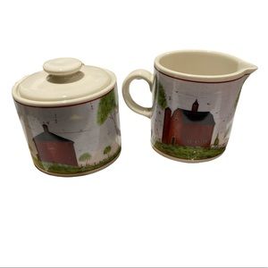 1998 Warren Kimble by Sakura NY Barns cream and sugar dishes